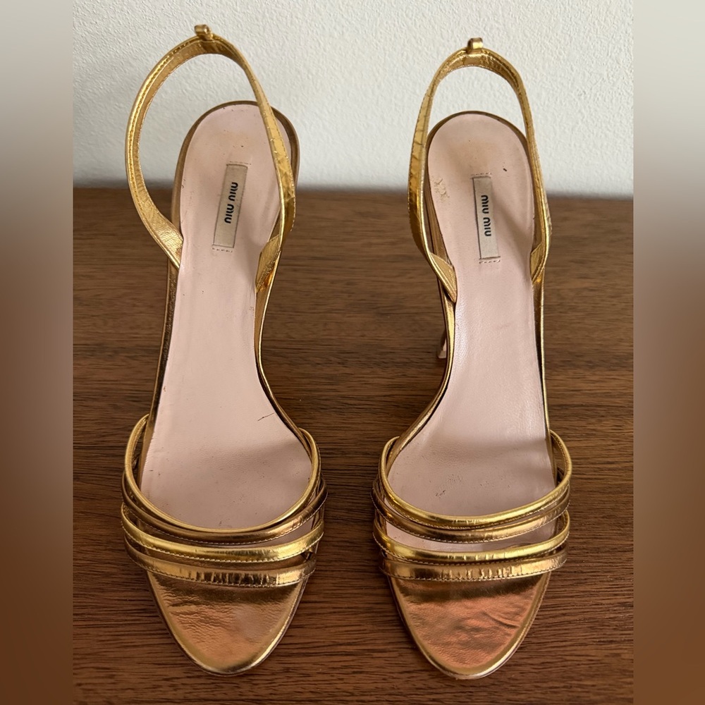 Miu Miu metallic gold strappy heel sandals